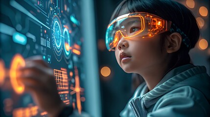 Girl with futuristic glasses interacting with a holographic interface of complex data