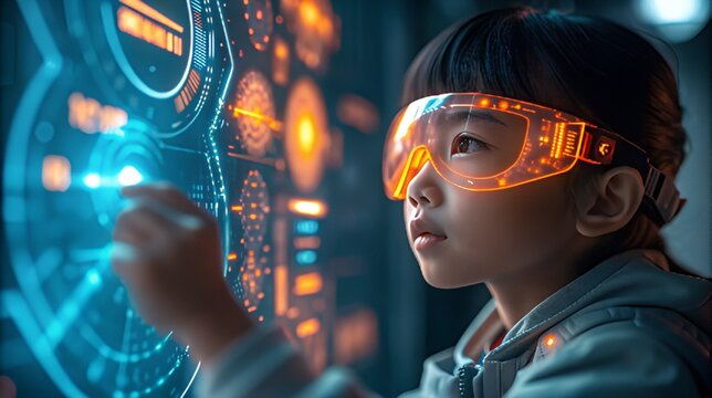 Young innovator exploring futuristic technology interface with augmented reality eyewear - Powered by Adobe