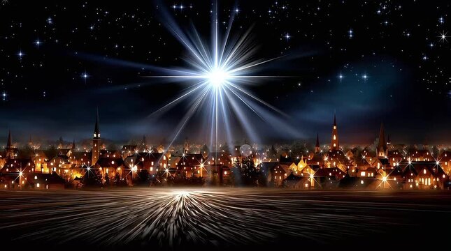 The Christmas star over the city at night. A beautiful dark blue starry sky and a bright Christmas star. The birth of Jesus Christ. Christmas landscape, city panorama.