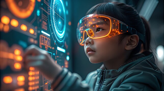 A young girl in futuristic glasses interacts with a glowing digital display - Powered by Adobe