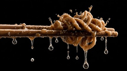 Fototapeta premium Close-Up of Dripping Sauce and Noodles on Chopsticks Against Black Background in a Culinary Food Photography Style