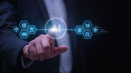 Real time business intelligence technology concept with confident man touching AI digital interface screen