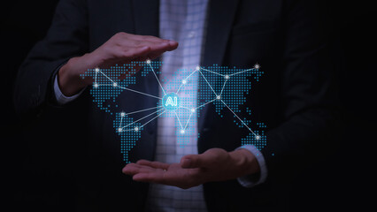 Man hold digital world map hologram to analyze real time business intelligence data with confidence