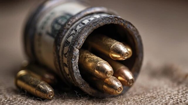 A stark close-up reveals a roll of paper currency, seemingly secured by an aged, metallic band, acting as a makeshift holder for several shiny brass-colored projectiles. Additional loose projectiles a