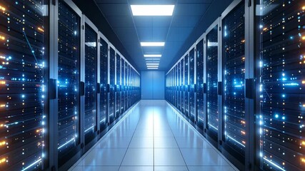 Server room with multiple rows of computer servers, glowing lights, data storage for cloud computing technology, and cybersecurity systems. - Powered by Adobe