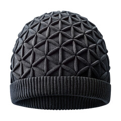 Black knitted beanie with geometric pattern isolated on transparent background