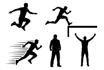 Set of active man silhouettes running with speed lines, jumping over an obstacle, standing, and celebrating