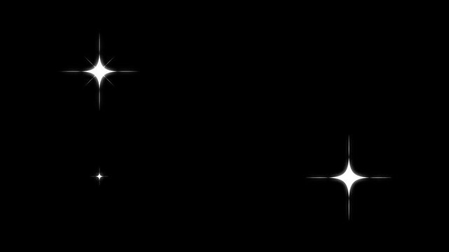 White cartoon twinkling stars animation with flat vector doodle style sparkle glitter shine effects on black screen background clean looping 4K motion graphics