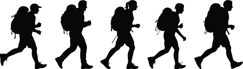 Backpack hiker silhouette set, walking icons, trekking poses, outdoor adventure figures, black vector, flat CAD drawing illustration