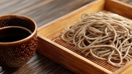 Freshly Cooked Soba Noodles Served with a Traditional Dip in a Beautiful Wooden Plate on a Rustic Table