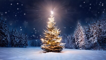 Christmas tree in a snowy forest on night