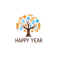 Obraz premium Festive Tree With Happy Year Celebration Symbols of Coins Dumplings Fruits Prosperity Luck Traditional Holiday Stock Pho.jpg