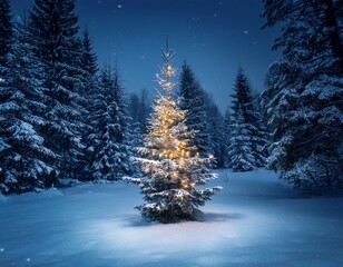  Christmas tree in a snowy forest on night