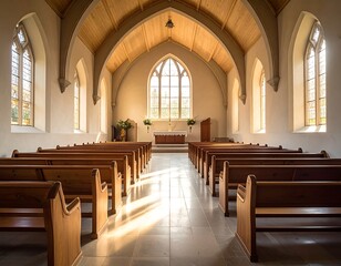 Fototapeta premium Interior perspective of a building with arched ceiling, light streaming through windows onto wooden pews. Features altar & stained glass