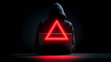Hooded figure with glowing red triangle symbol on laptop person computer