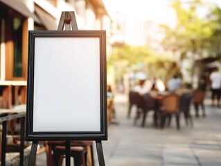 Mock-up billboard or white paper poster promotion  display on the front restaurant or coffee shop. Blank paper for Promotion information for marketing