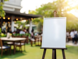 Mock-up billboard or white paper poster promotion  display on the front restaurant or coffee shop. Blank paper for Promotion information for marketing