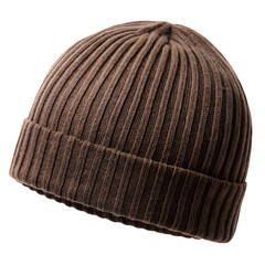 Brown ribbed beanie hat isolated on transparent background