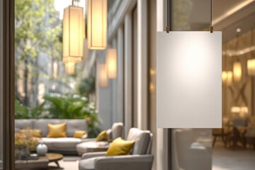 Mock-up billboard or white paper poster promotion  display on the front restaurant or coffee shop. Blank paper for Promotion information for marketing