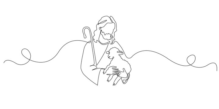 Continuous line drawing of Jesus carrying a lamb symbolizing compassion protection and faith. Single line illustration suitable for religion spirituality hope and biblical themes.