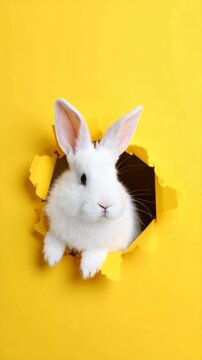 Adorable white rabbit peeking through a torn yellow paper background, looking directly at the camera, studio shot, full frame