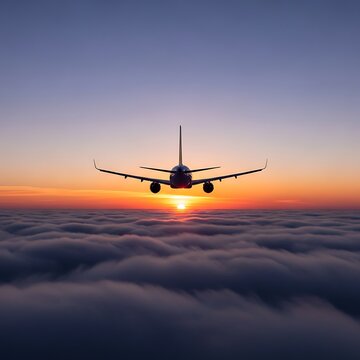 A silhouette of a helicopter and a jet aircraft flying through a cloudy sunset sky above the sea during an evening aviation transport flight