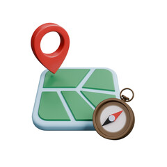 Map and location pin or GPS navigation icon isolated on transparent background, Business travel concept. Leisure touring summer vacations and holiday symbol. Traveling and tourism elements. 3d render