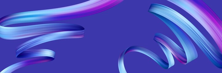 Abstract blue and purple flowing ribbon shapes banner on dark blue backdrop