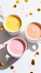 Three Colorful Drinks in White Mugs with Confetti