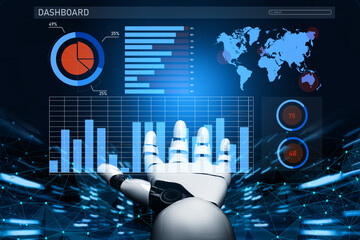 A futuristic robotic hand interacts with a dynamic data dashboard featuring charts, maps, and analytics for a high-tech business environment. Impute
