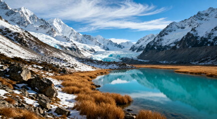 Turquoise Lake with Snowy Mountain Peaks