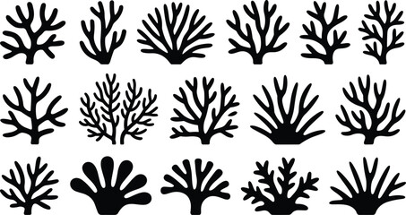 Fototapeta premium Coral, silhouette, marine, ocean, reef, underwater, sea, nature, black, branching, icon, vector, flat, design, graphic, biology, illustration, shape, element, cad drawing flat vector illustration