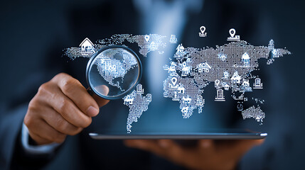 Man examining digital world map with magnifying glass on tablet business technology