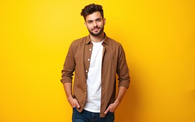 Fototapeta premium Photo of serious young charming attractive man wear casual outfit isolated on yellow color background. High quality