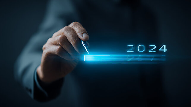 Man holding stylus pointing at glowing progress bar and year businessman hand - Powered by Adobe