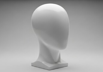 Featureless white display head rests on a base against a neutral gray backdrop