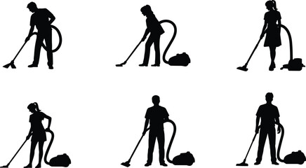 Domestic cleaning silhouette set, vacuuming people, household chore illustration, flat vector, black figures, canister vacuum, home maintenance, hygiene