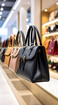 Elegant handbags displayed on a shelf in a brightly lit retail store, showcasing a range of colors and styles