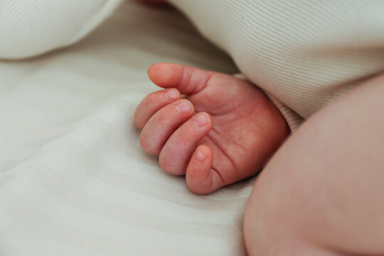 Cropped shot of cute little baby hand. Copy space, background.