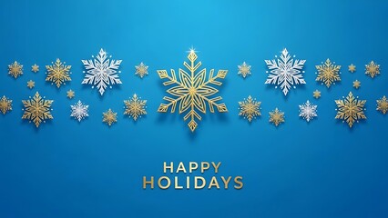 Golden and silver snowflakes arranged on blue background with Happy Holidays text