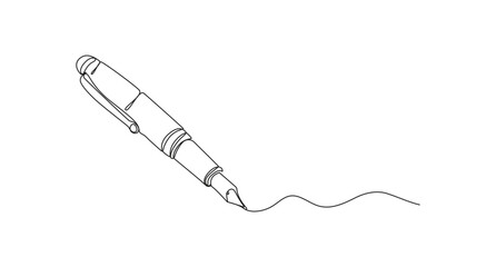 Pen Signature Continuous Line Icon,Continuous one line of fountain pen in silhouette on a white background,Continuous Line Drawing of a Fountain Pen Writing © Main