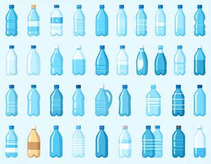 Assorted clear plastic bottles filled with water, varying shapes and label designs, arranged neatly on a light blue background