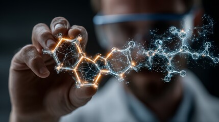 Scientist examines luminous molecular structure, visualizing groundbreaking scientific discovery with intricate network