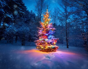 Christmas tree with christmas colorful lights in a snowy forest on night