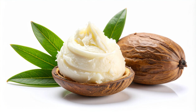 Swirl of Shea Butter in Half Shell with Leaves and Nut shea nut food