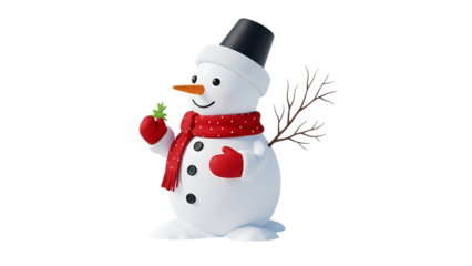 Cute cartoon snowman with red scarf and mittens holding green sprig winter christmas