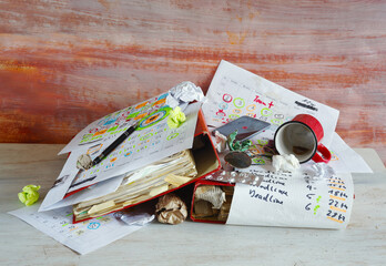 Messy file folders, ring binders grungy paperwork.Red tape, bureaucracy, overworked, beat the clock business concept on grungy background.Free copy space.