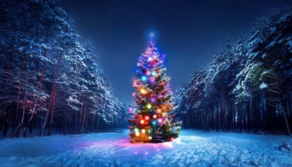 Christmas tree with christmas colorful lights in a snowy forest on night