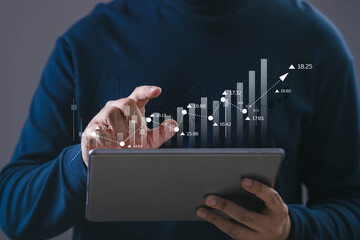 Financial analytics with business person using tablet and virtual rising chart, representing stock market growth, investment performance, data analysis, trading strategy, digital finance technology.