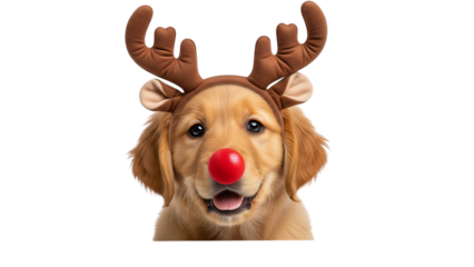 Golden Retriever puppy wearing reindeer antlers and red nose image